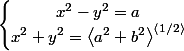 \left\lbrace\begin{matrix} x^2-y^2=a\\ x^2+y^2=\left<a^2+b^2 \right>^\left< 1/2\right> \end{matrix}\right.